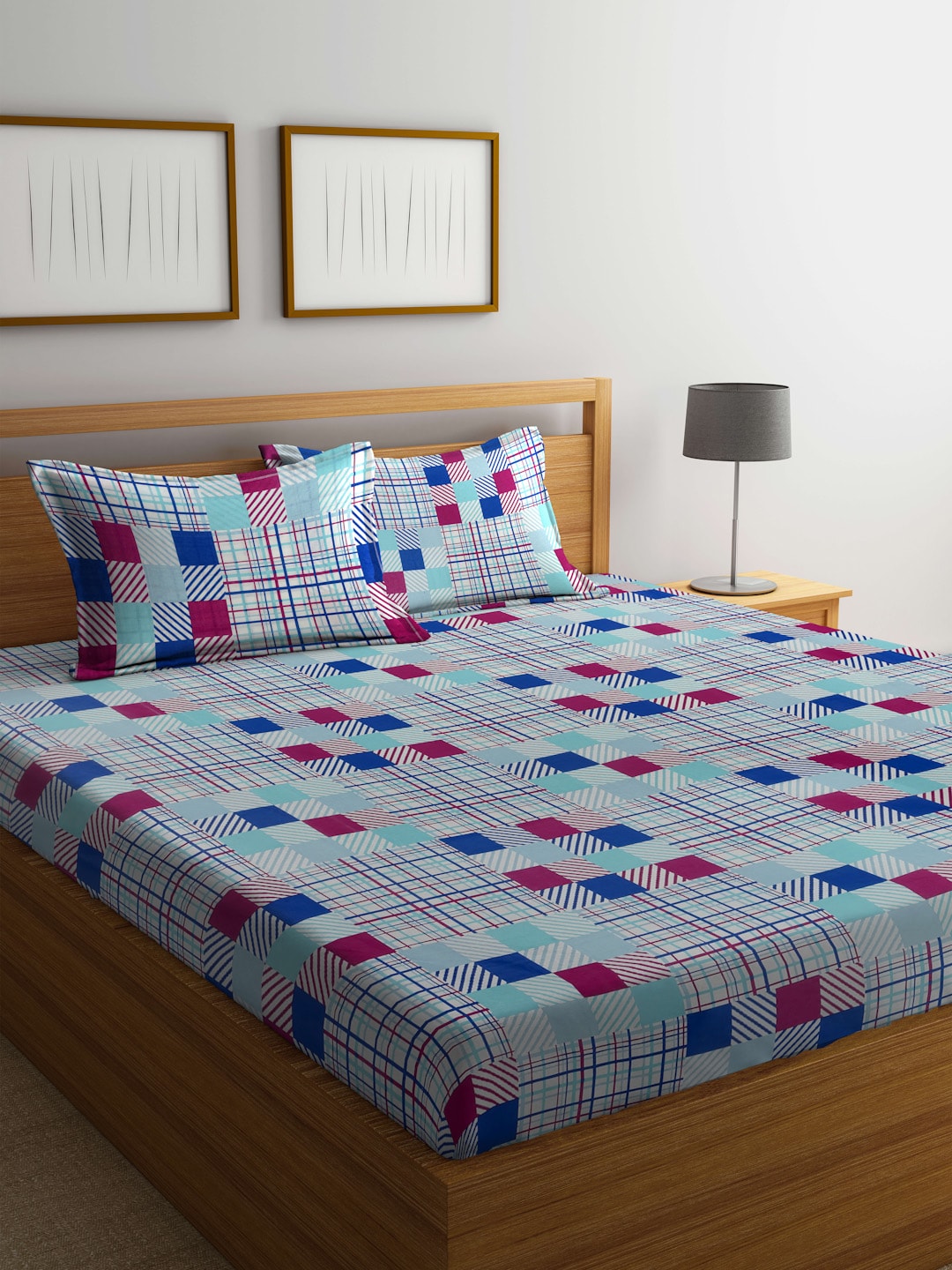 BOMBAY DYEING Marigold Blue Geometric Cotton 104 TC King Bedsheet With 2 Pillow Covers | Grab2Buy