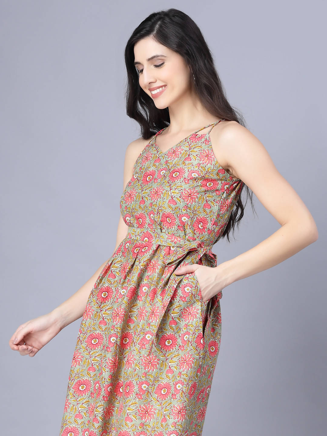 Myshka Cotton Printed Sleeveless Shoulder Straps Multicolor Women Dress