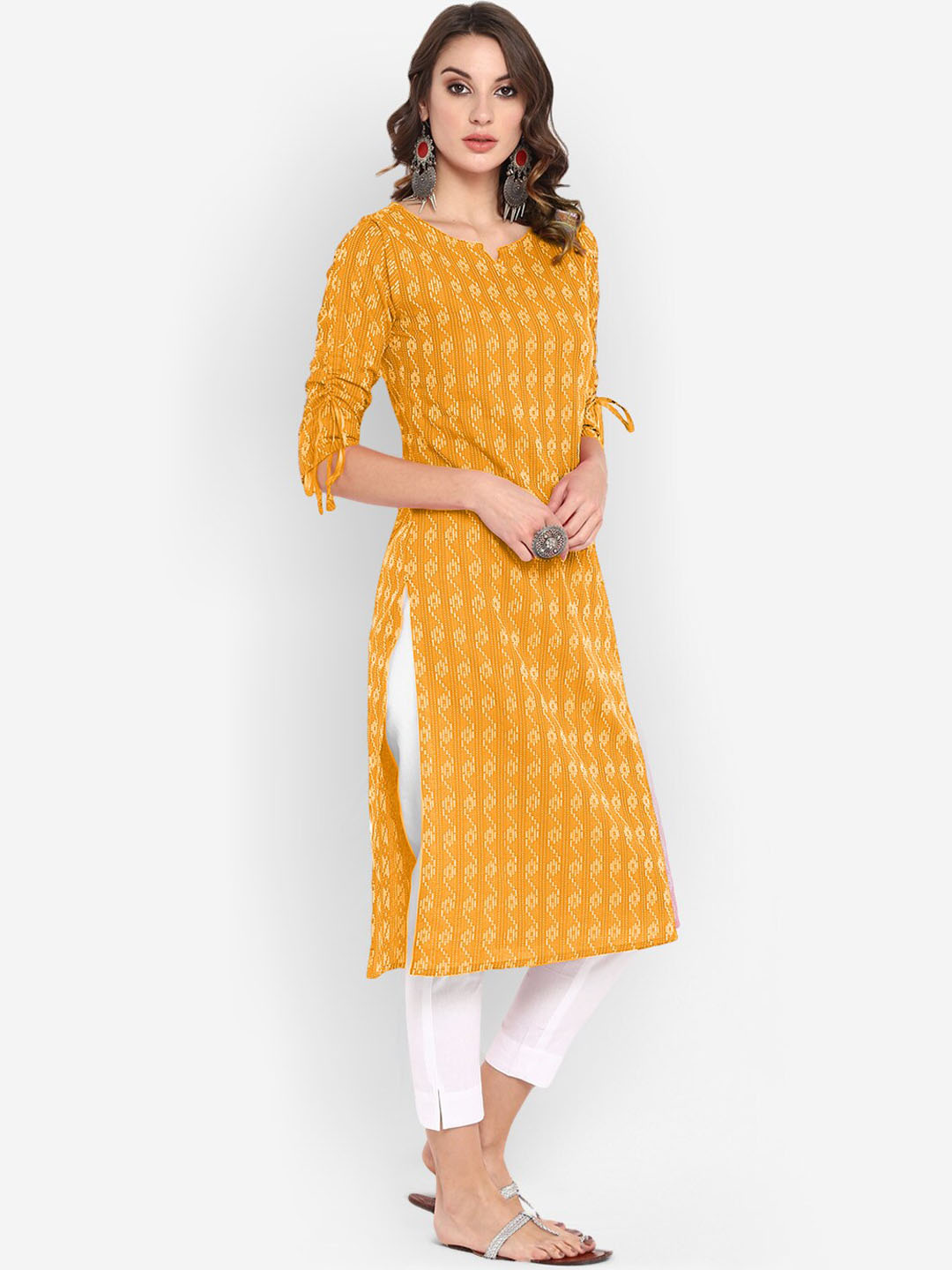 Janasya Women Yellow & Off-White Woven Design Straight Kurta