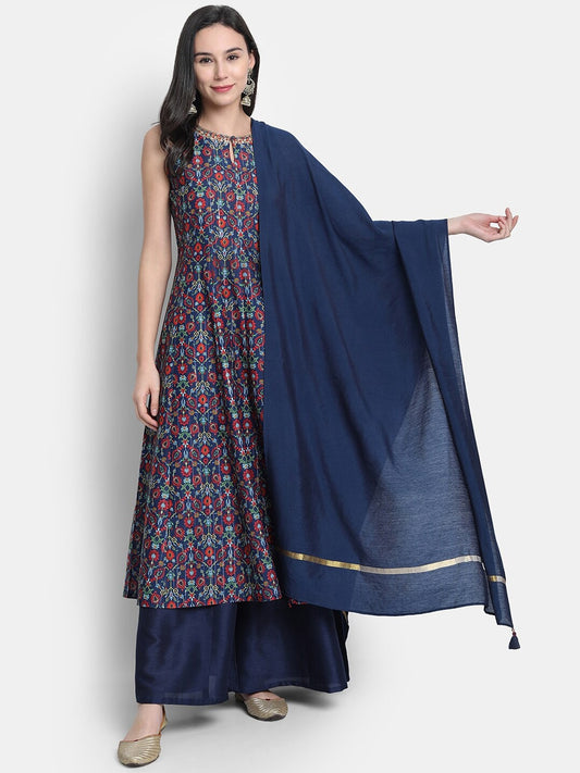 Janasya Women Blue Printed Kurta with Palazzos & Dupatta