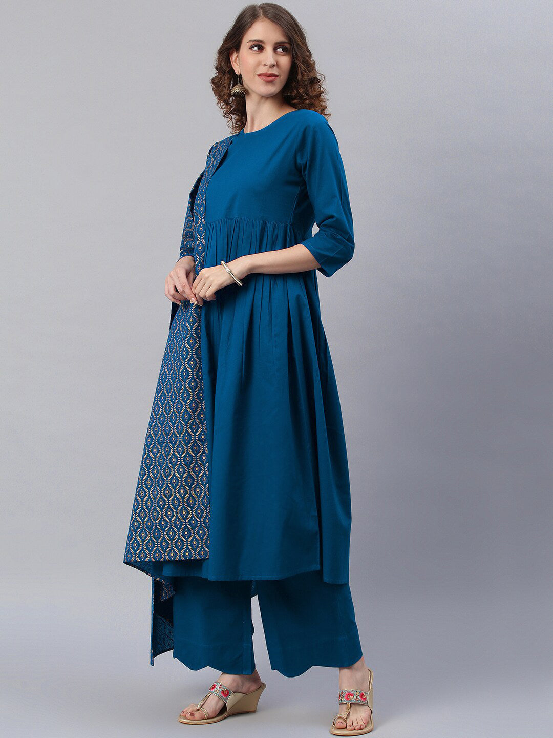 Janasya Women Blue Printed Pure Cotton Anarkali Kurta & Palazzos With Dupatta