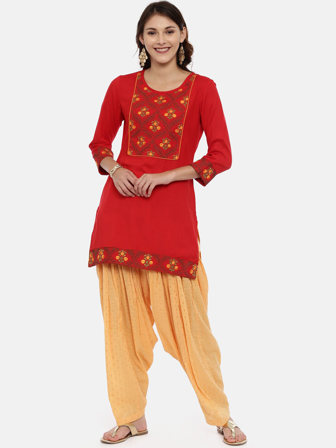 Souchii Women Red & Yellow Floral Yoke Design Kurta 