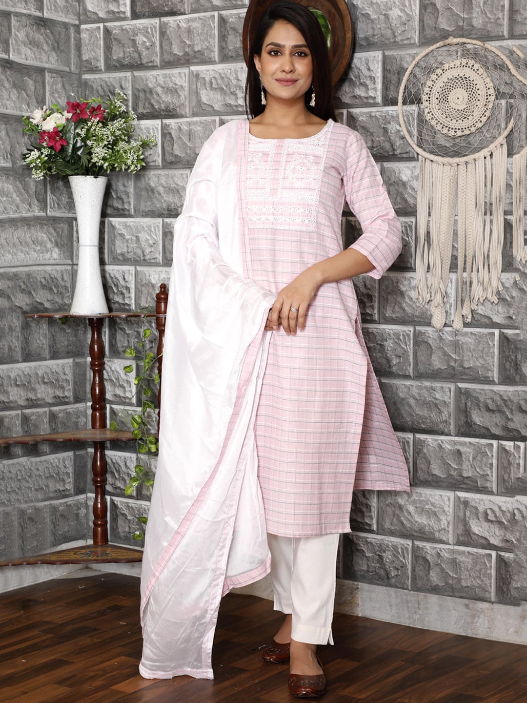 HERE&NOW Pink Embroidered Sequinned Pure Cotton Kurta with Trousers & With Dupatta
