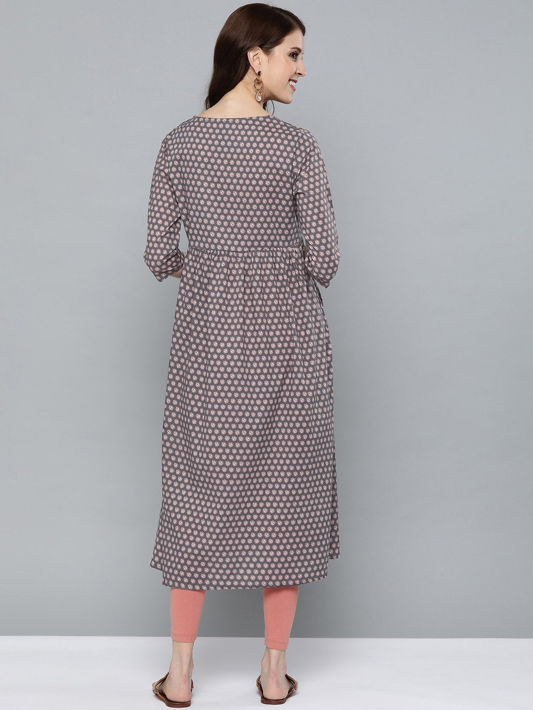 HERE&NOW Women Grey & Pink Floral Print Empire A-Line Kurta