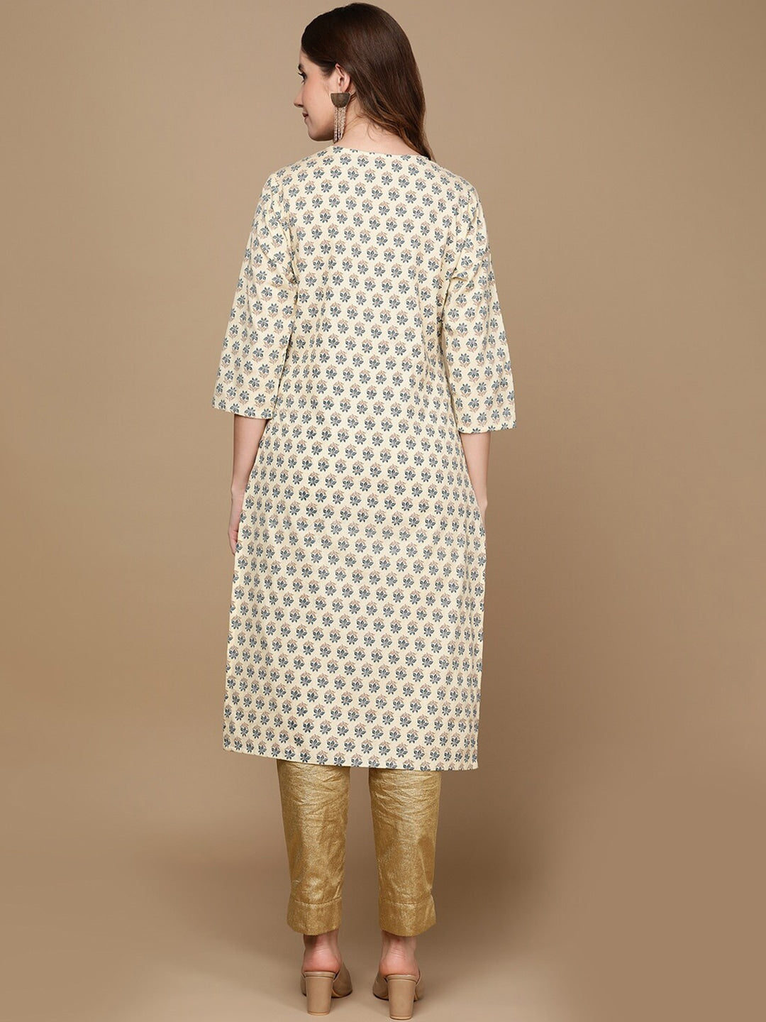 HERE&NOW Cream-Color & Teal Ethnic Motifs Printed Sequined Cotton Kurta