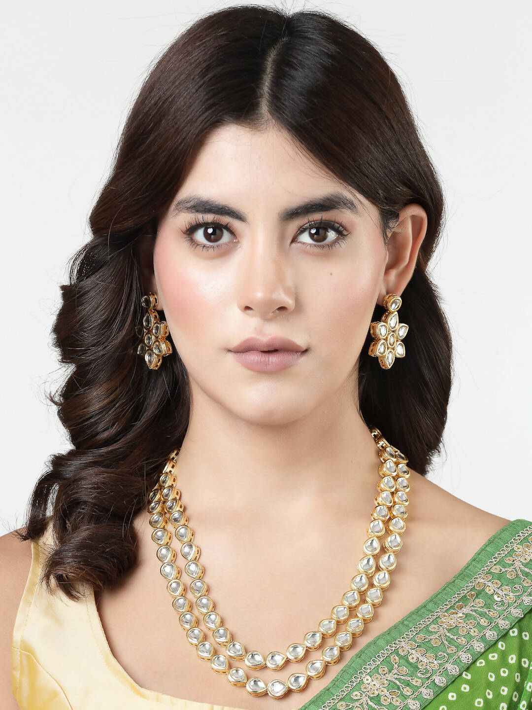 NVR Women's Gold-Plated Kundan 2 Layered Handcrafted Jewellery Sets With Drop Earrings - Grab2buy