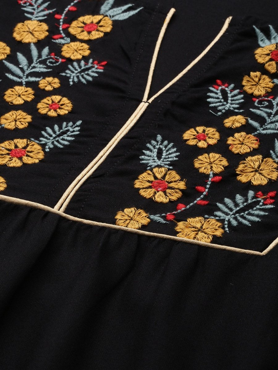 All About You Women Black Floral Yoke Design Embroidered Thread Work Straight Kurta