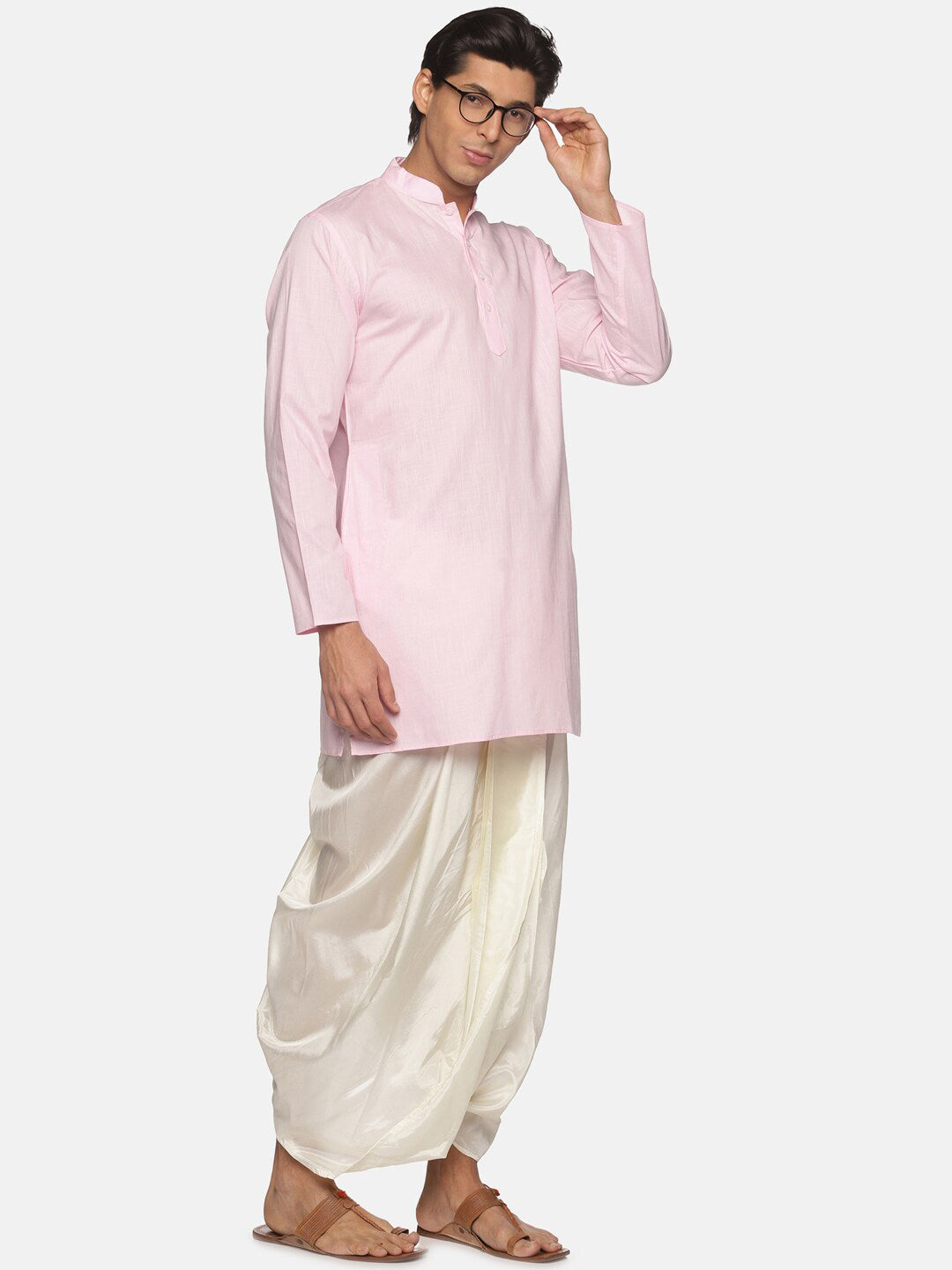 Sethukrishna Men Pink Pure Cotton Kurta with Dhoti Pants