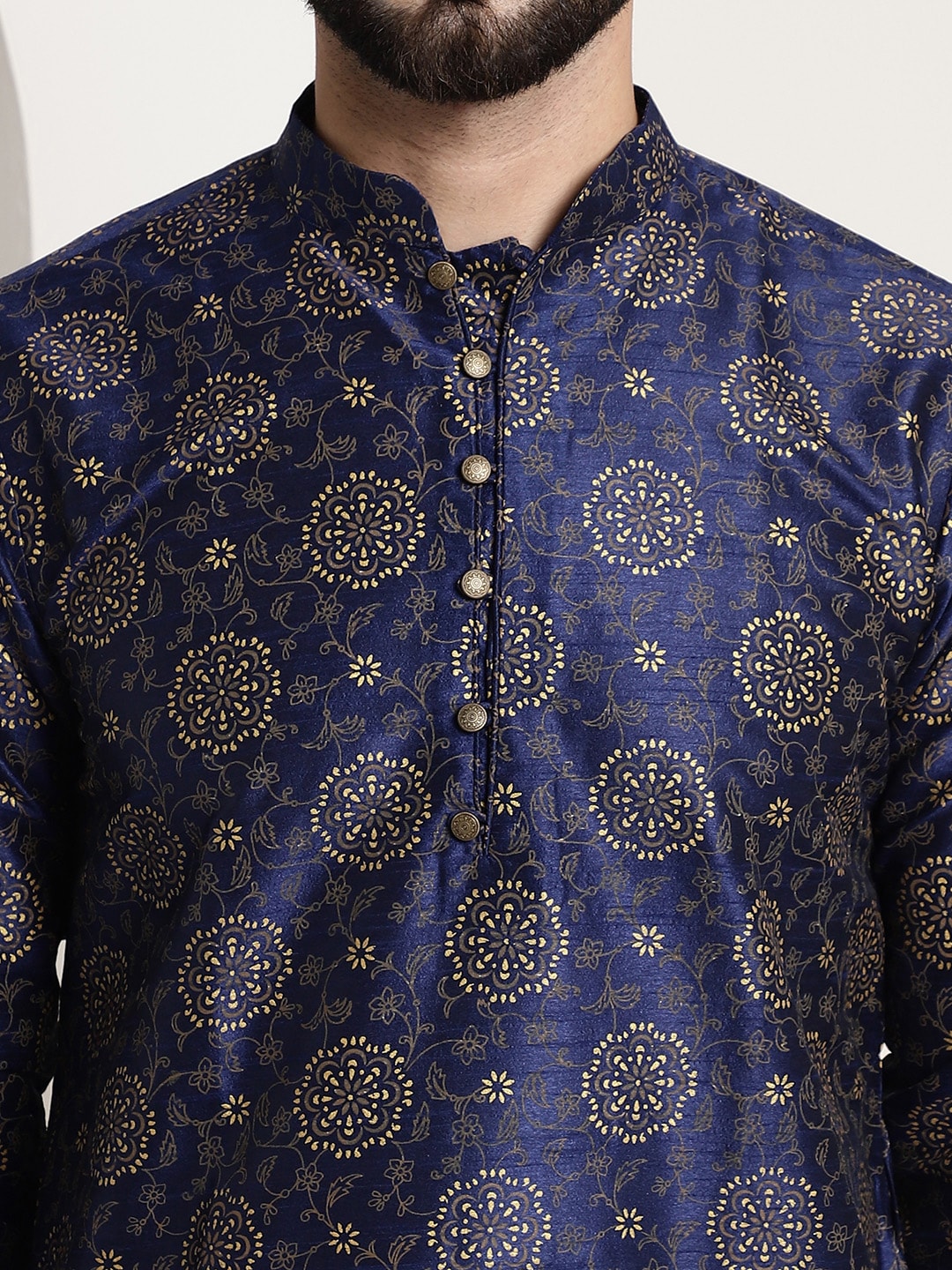 Sojanya Men Navy Blue & Golden Ethnic Motifs Printed Indigo Kurta 