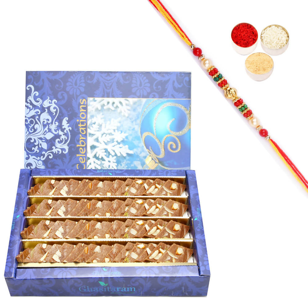 Ghasitaram Chocolate Kaju Katli With Pearl Beads Rakhi 
