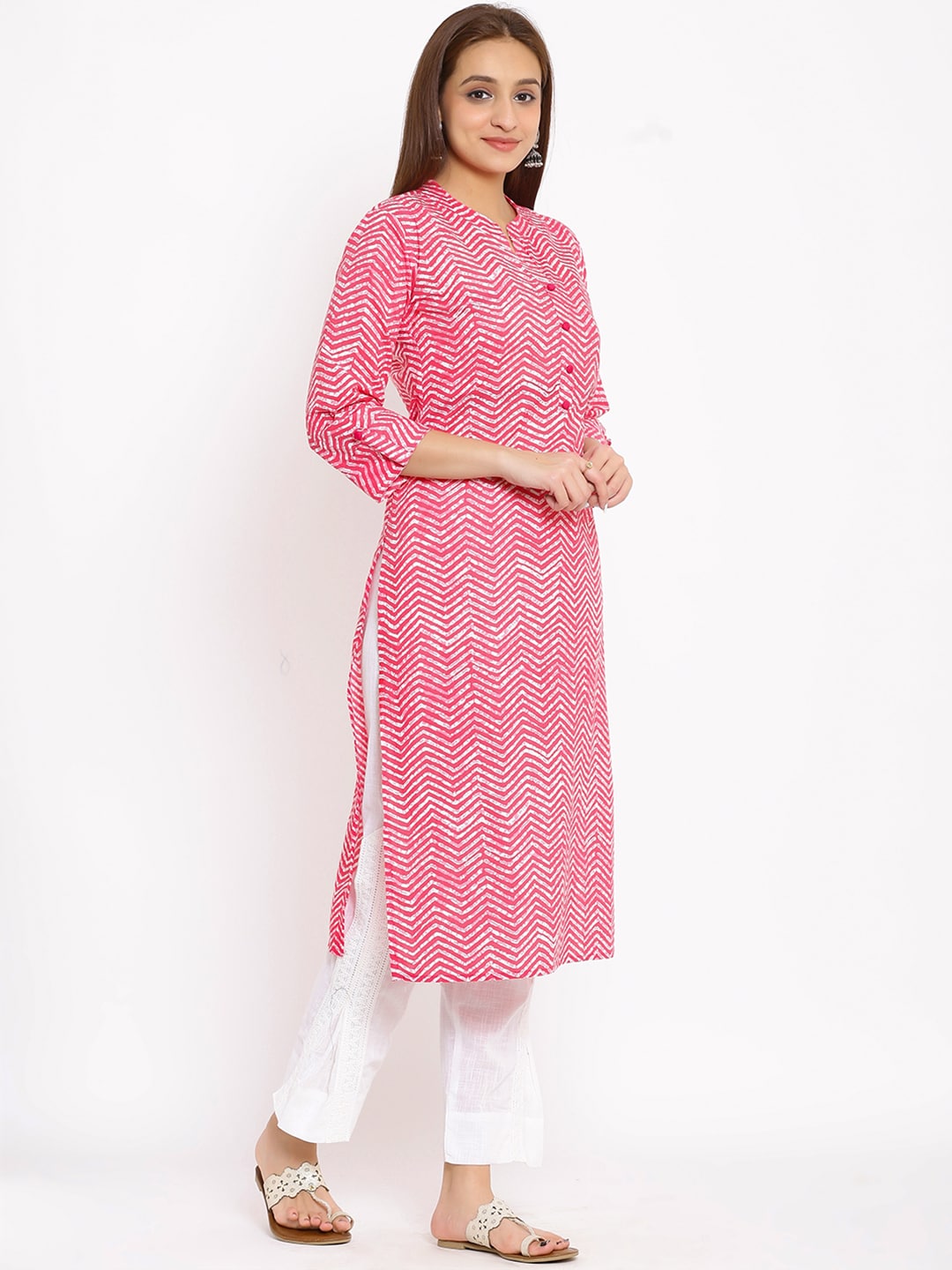 HERE&NOW Pink Chevron Printed Regular Kurta with Trousers