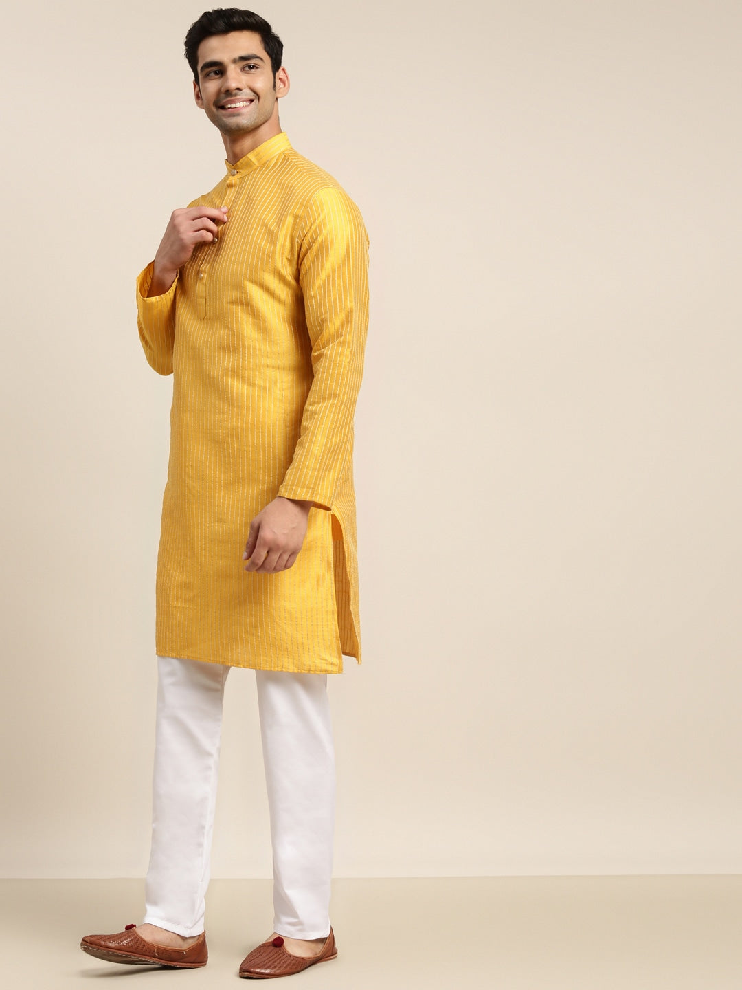Sojanya Men Mustard Yellow Kurta with Churidar & Nehru Jacket 