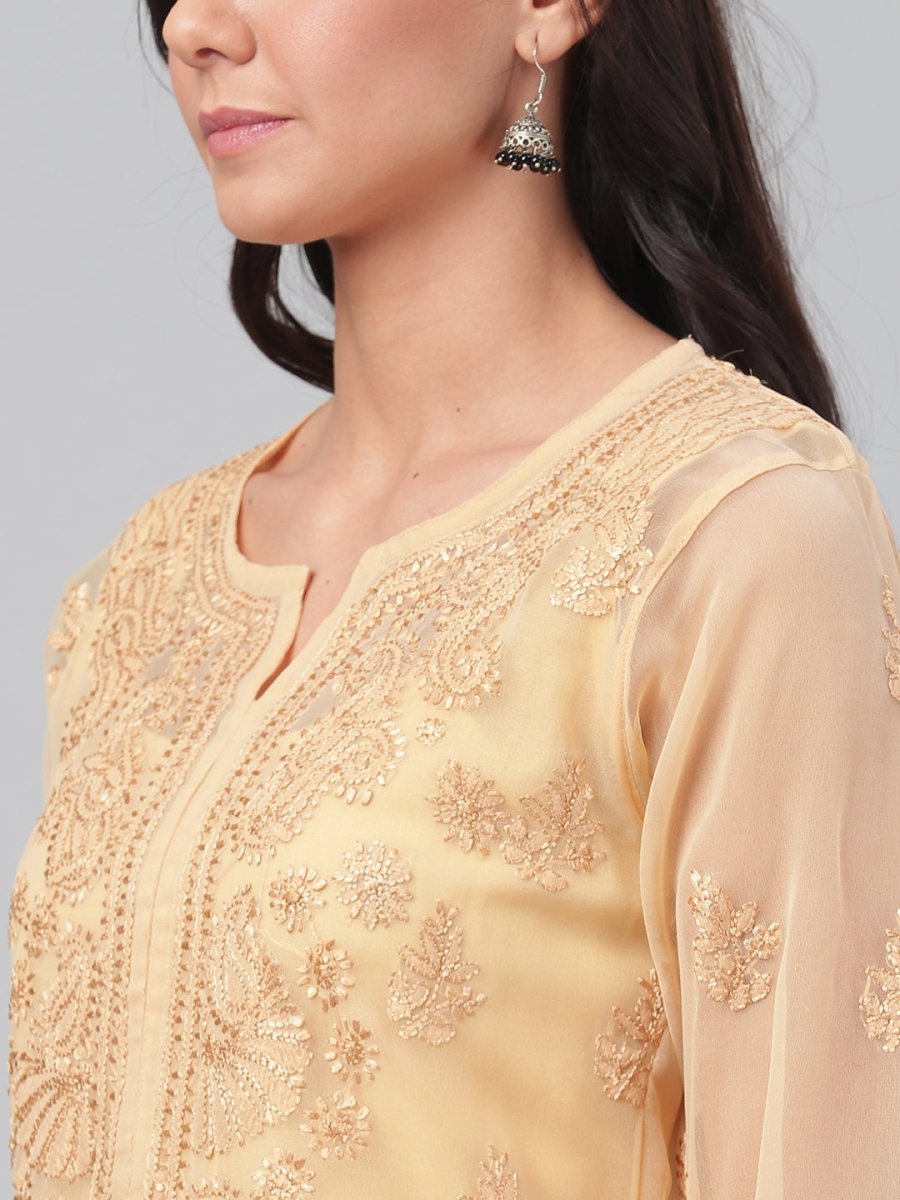 ADA Women Beige Chikankari Hand Embroidered Straight Sustainable Handloom Kurta With Slip 