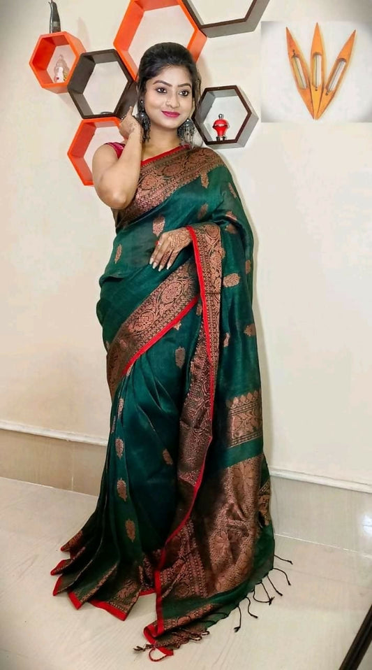 Exclusive Collection Beautiful Linen Banarashi Green Pure Cotton Handloom Grab2Buy With Running Blouse Piece 