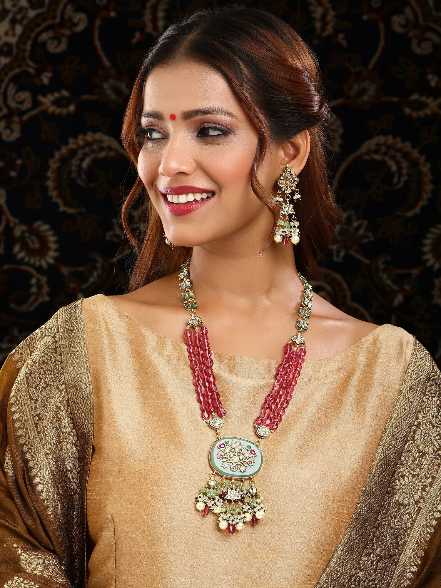 Ruby Raang 22k Gold Polished Long Multi Kundan Necklace With Earrings | Grab2Buy
