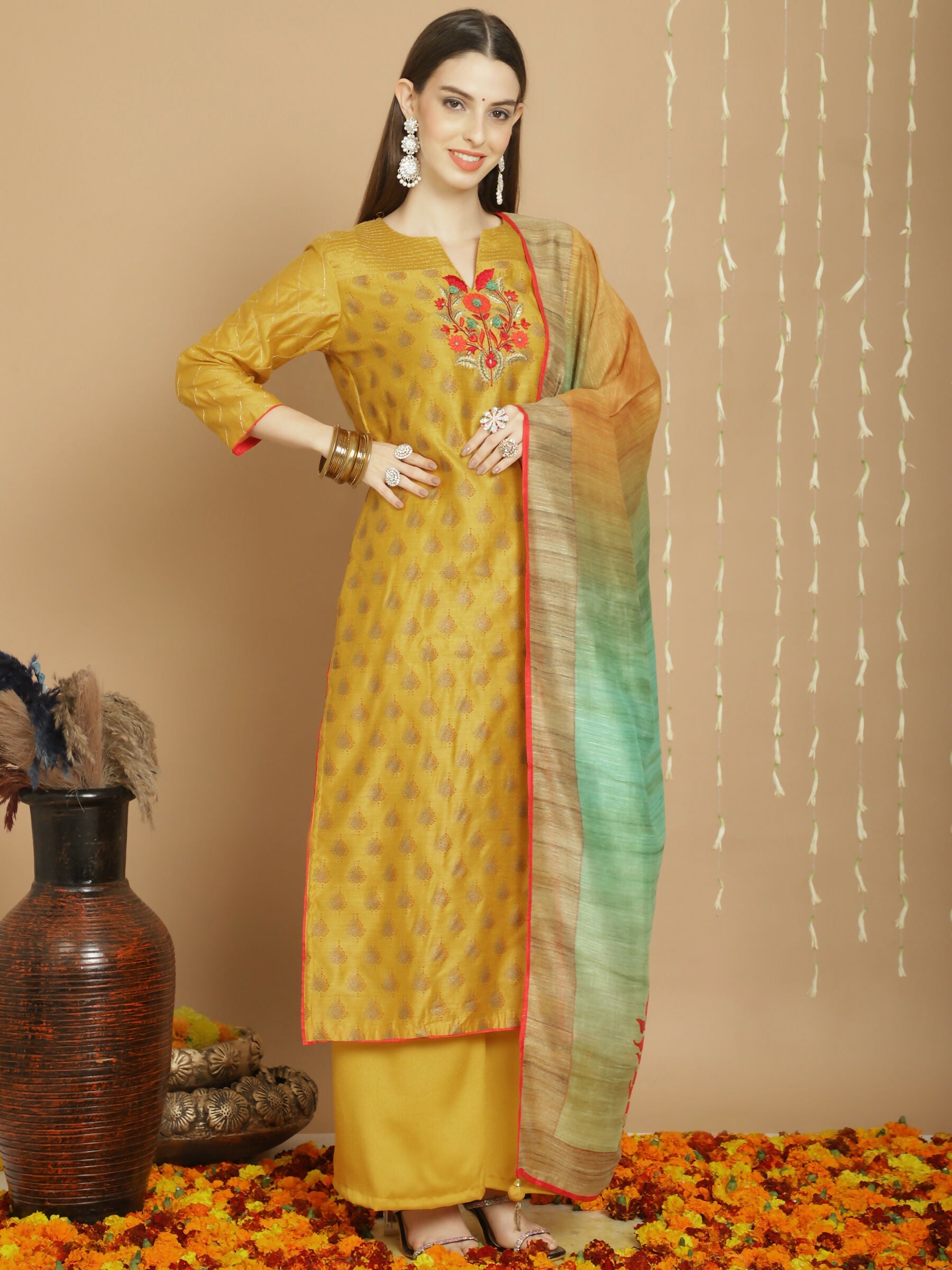 Jyoti Fashion Women's Yellow Chanderi Silk Elegant Jardoshi Semi Kurta with Trouser & Dupatta