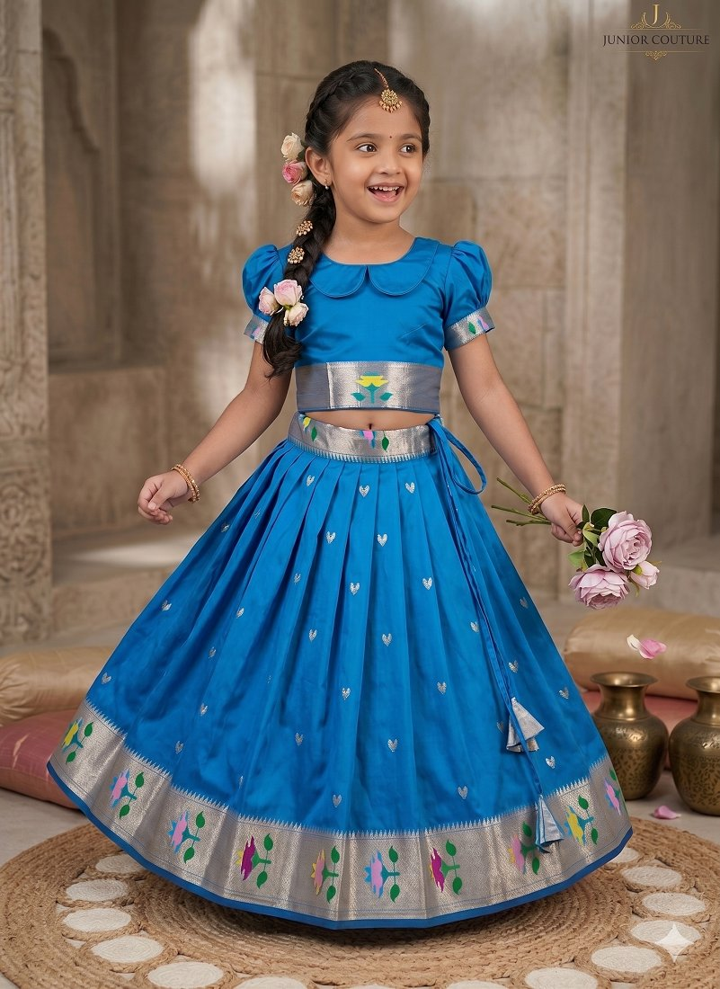 Evanik Blue Soft Silk Paithani Design Zari Weaving Pavadai Lehenga Choli For Kids