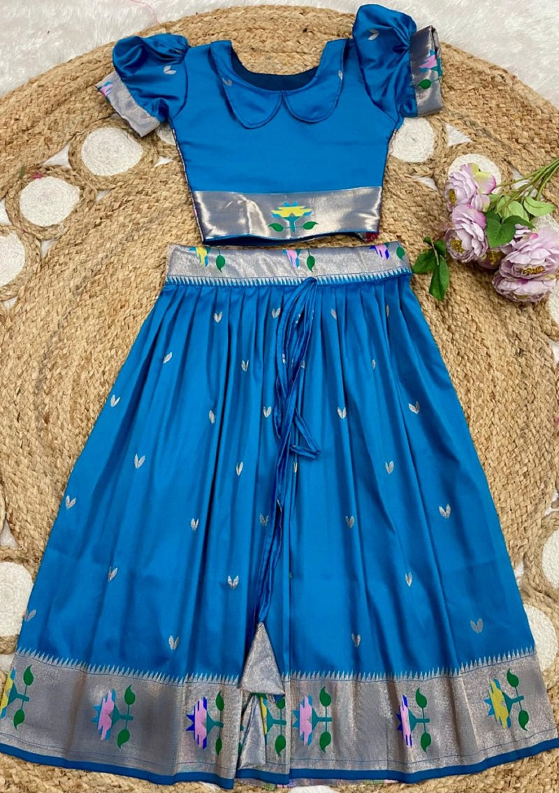 Evanik Blue Soft Silk Paithani Design Zari Weaving Pavadai Lehenga Choli For Kids