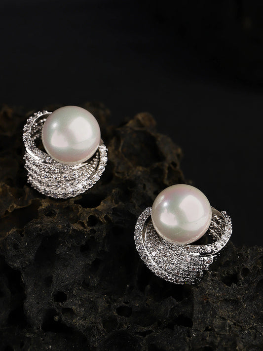 Rhodium Plated White Pearl With Leaf Drop Earring For Women - Wahe Jewels