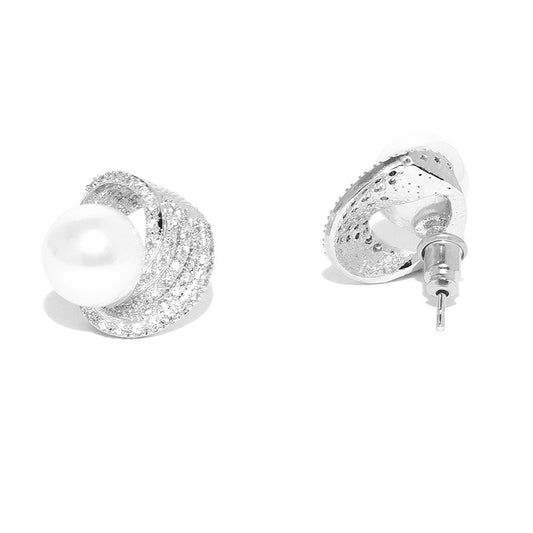 Rhodium Plated White Pearl With Leaf Drop Earring For Women - Wahe Jewels