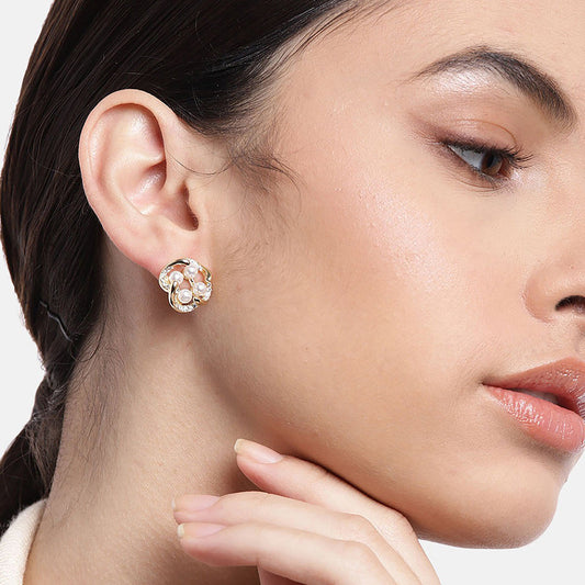 Women'S Brass Off - White Gold-Polished Cz - Studded Handcrafted Beaded Contemporary Studs - Wahe Jewels Noz2Toz