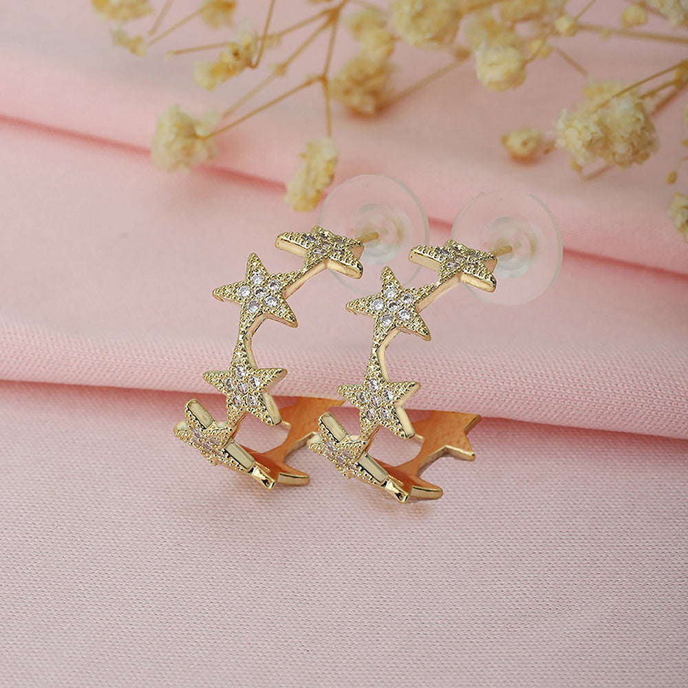 Women'S Brass Gold-Polished Cz - Studded Handcrafted Crescent Shaped Half Hoops - Wahe Jewels Noz2Toz