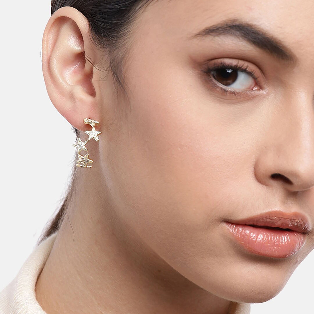 Women'S Brass Gold-Polished Cz - Studded Handcrafted Crescent Shaped Half Hoops - Wahe Jewels Noz2Toz