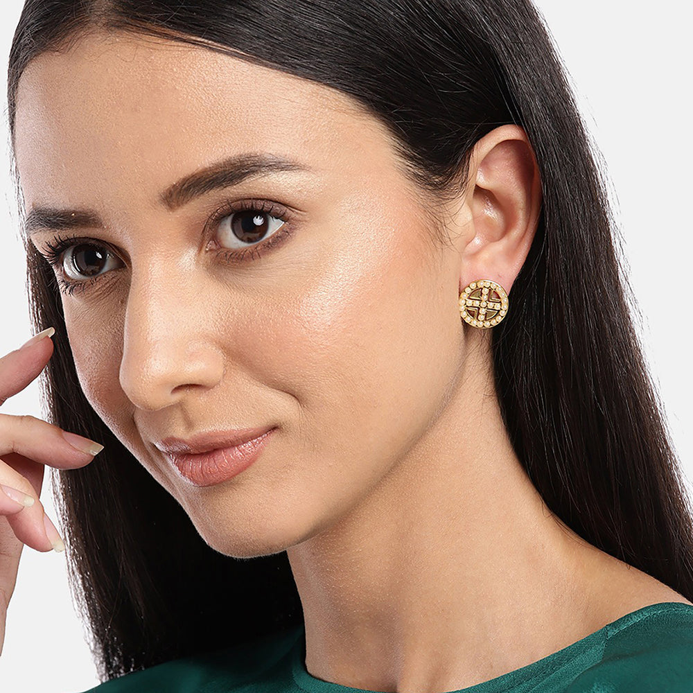 Women'S Brass Gold-Polished & White Circular Studs Earrings - Wahe Jewels Noz2Toz