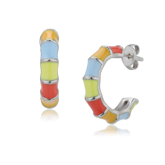 Women'S Silver Western Brass Na Post And Back Rhodium - Plated Single Contemporary Enamelled Half Hoop Earrings - Wahe Jewels
