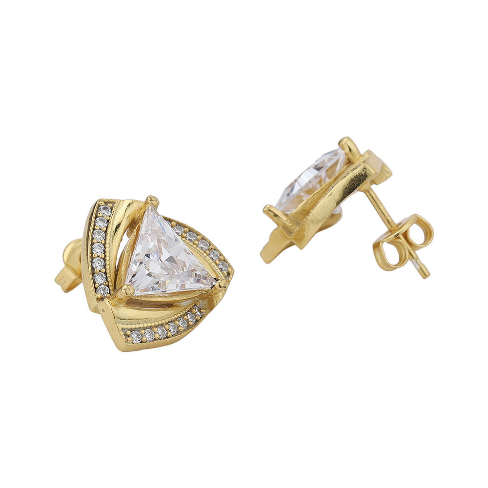 Women'S Gold Western Brass Cubic Zirconia Post And Back Gold-Polished Single Gold - Toned Triangular Studs Earrings - Wahe Jewels Noz2Toz
