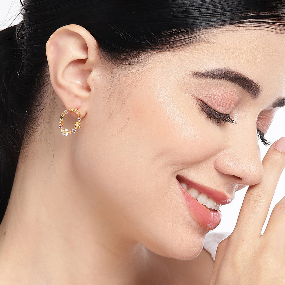 Gold-Polished Cz Studded Oval Shaped Stud Earrings - Wahe Jewels Noz2Toz