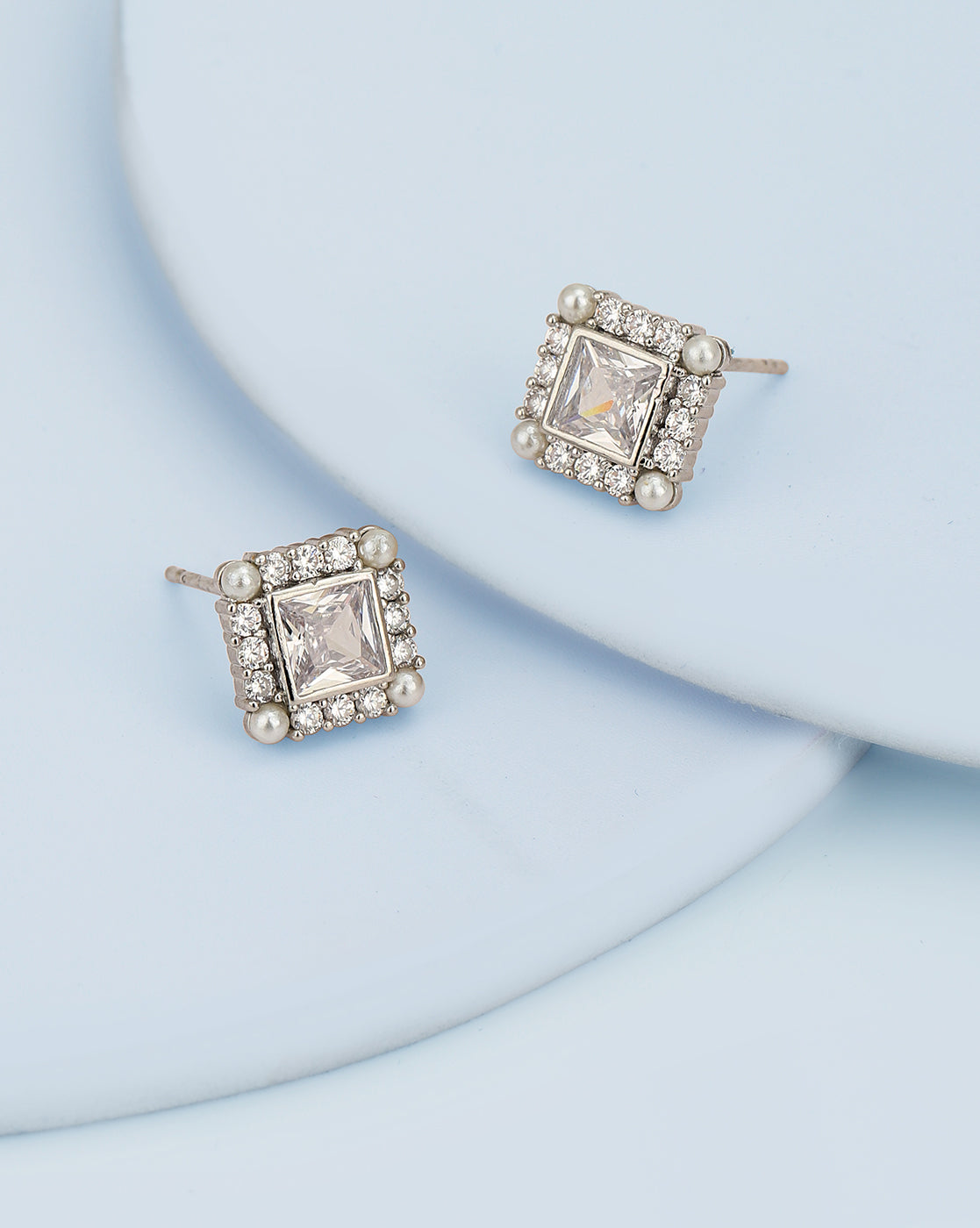 Silver Plated Cz & Pearl Square Stud Earring For Women - Wahe Jewels Noz2Toz