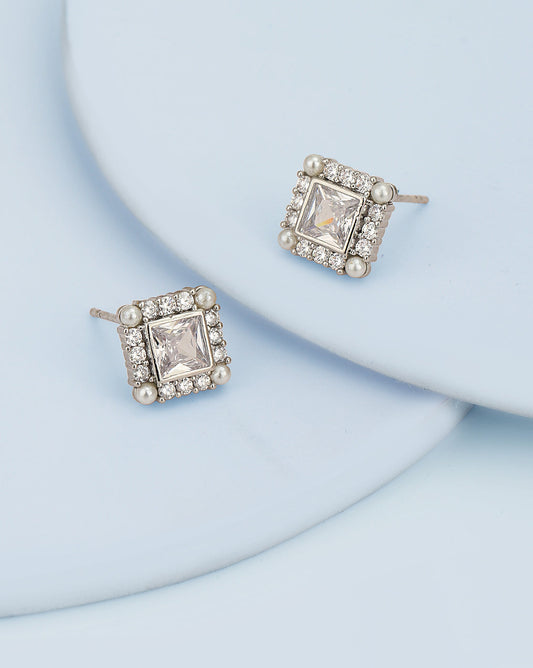 Silver Plated Cz & Pearl Square Stud Earring For Women - Wahe Jewels Noz2Toz