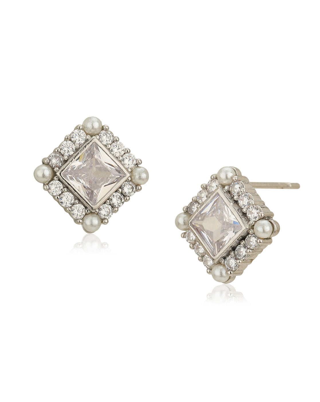 Silver Plated Cz & Pearl Square Stud Earring For Women - Wahe Jewels Noz2Toz