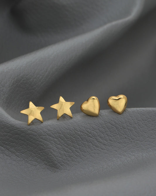 Set Of 2 - Gold-Polished Star And Heart Stud Earring For Women - Wahe Jewels