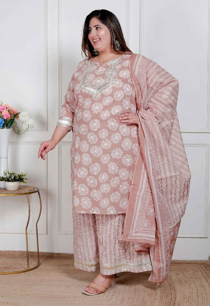 Miravan Plus Size Women Brown Floral Printed Cotton Straight Ethnic Kurta With Palazzo And Dupatta