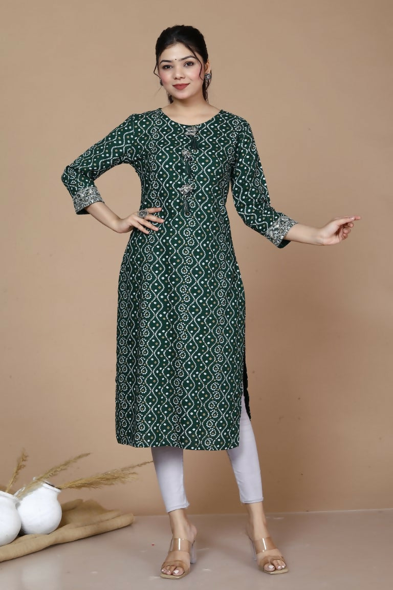 Miravan Women's Rayon Bandhani Print Straight Kurta Green | Grab2Buy