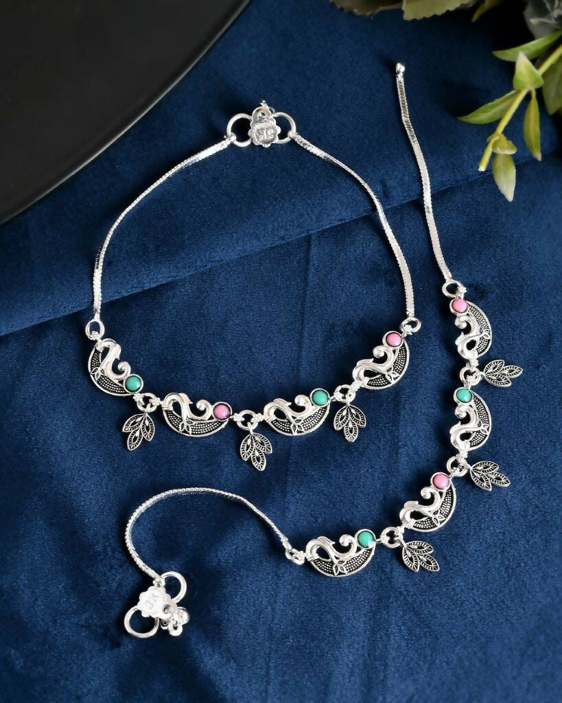 VOJ Set of 2 Silver Plated Multi Color Meenakari Anklet 