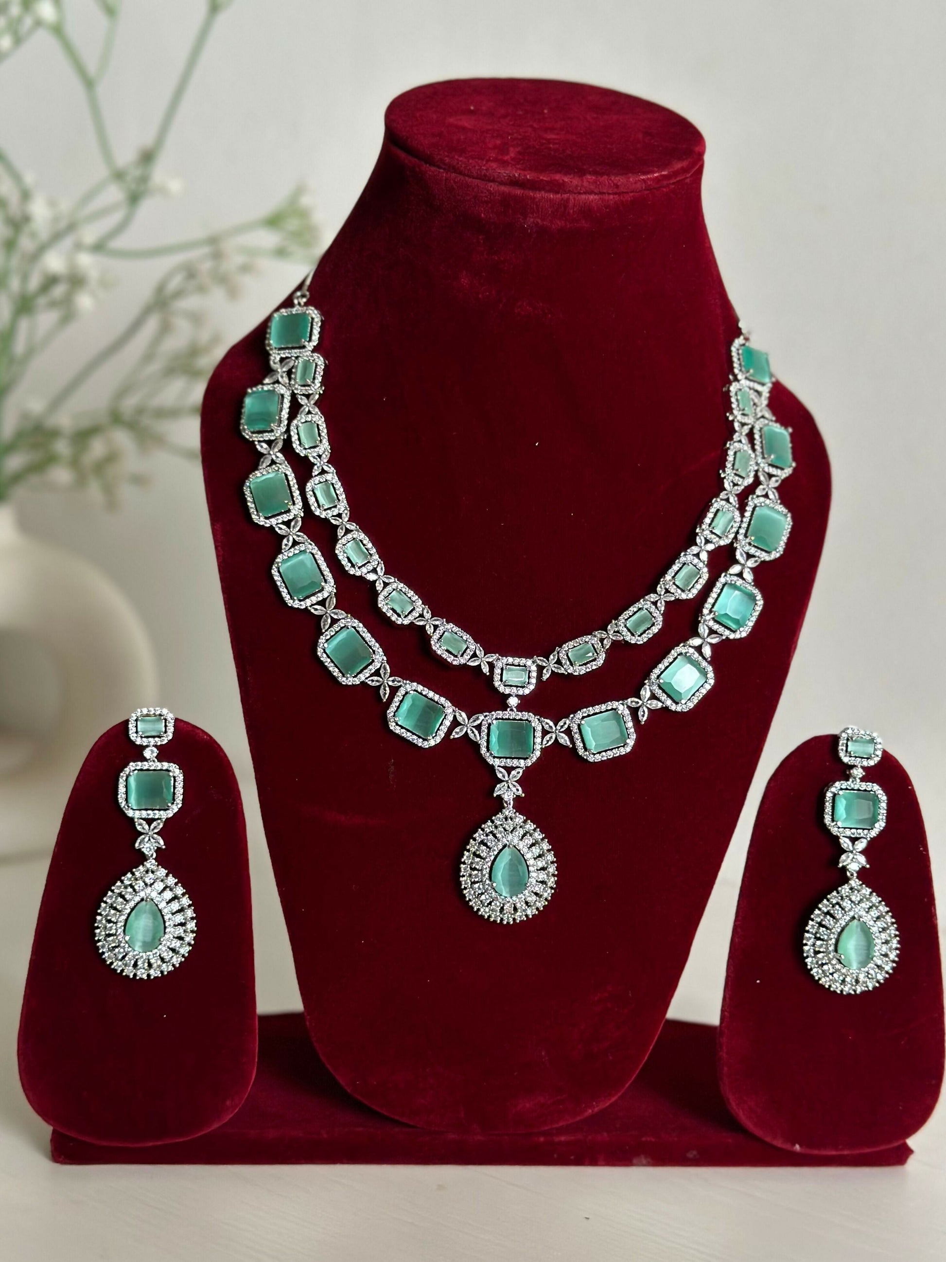 Mint Green American Diamond Two Layer Elegent Necklace Set With Earrings By House of Ree House of Ree