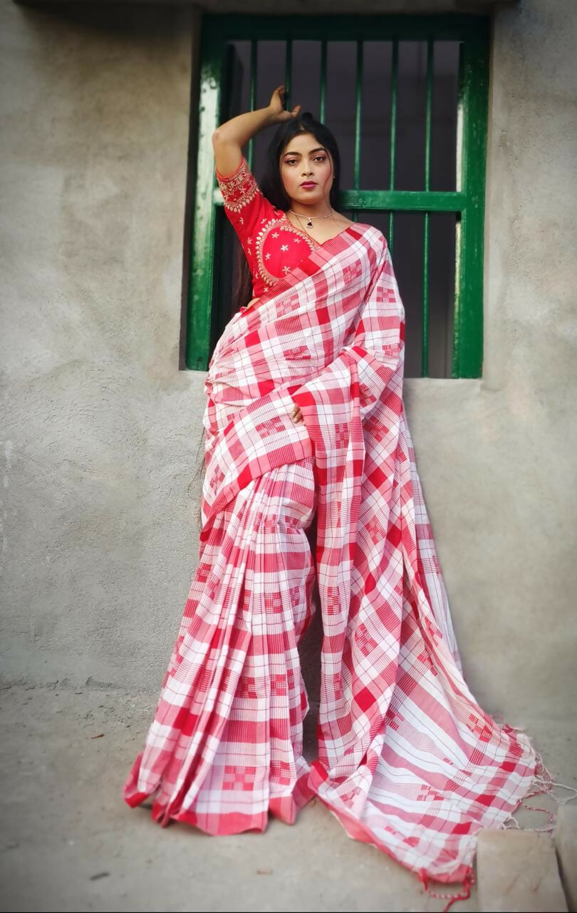 Exclusive Collection Beautiful Check Red Pure Cotton Woven Handloom Grab2Buy With Running Blouse Piece 