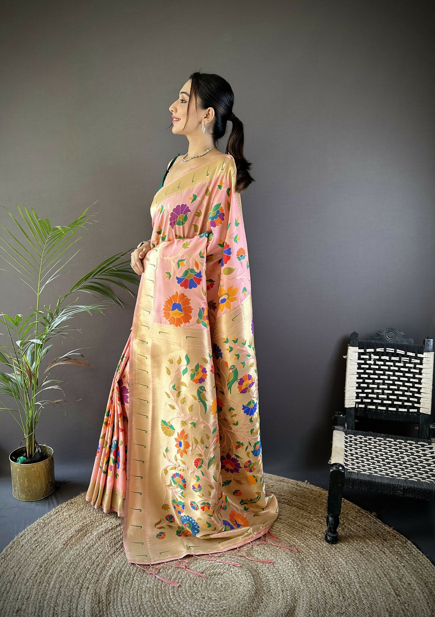 Joban Fashion Peach Zari Woven Floral Motifs Soft Silk Paithani Silk Saree