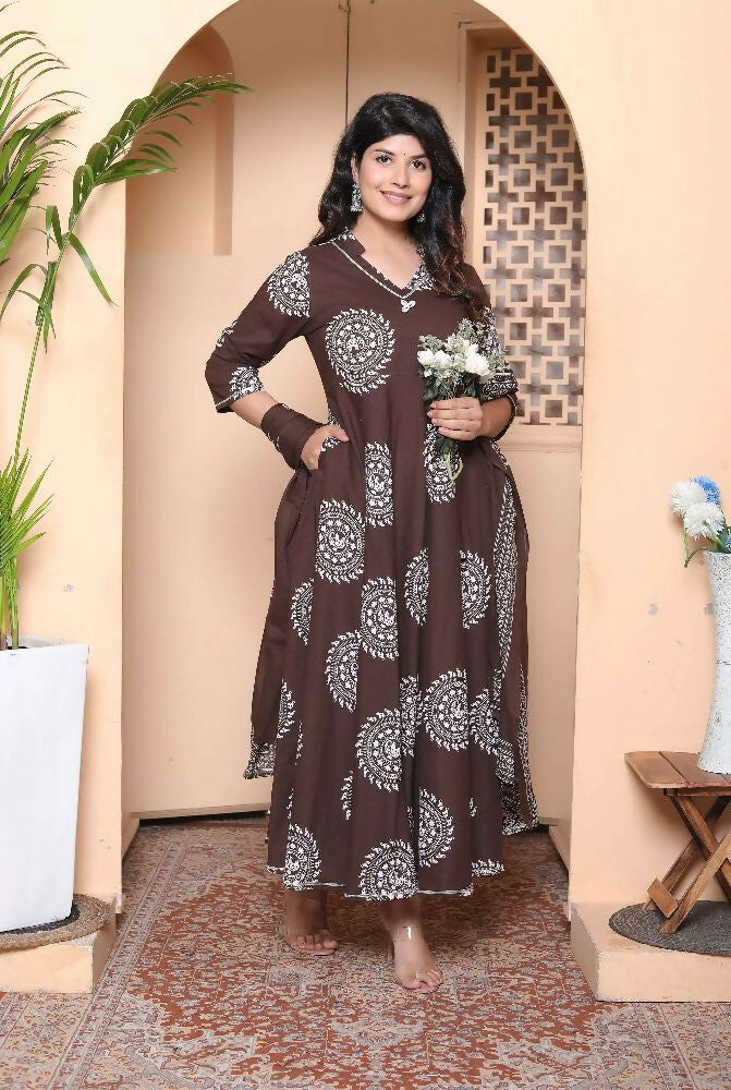 Miravan Womens Brown Animal Printed Anarkali Kurta With Dupatta Set