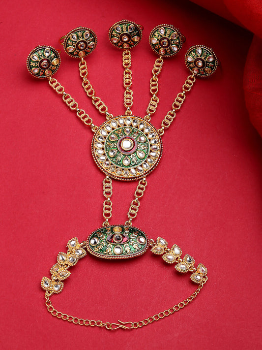 NVR Women's Gold-Polished CZ Stone-Studded Handcrafted Ring Bracelet