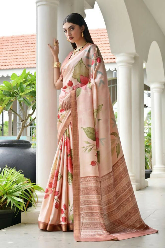 Vishnu Weaves Women's Coffee Satin Silk Printed Grab2Buy with Blouse 