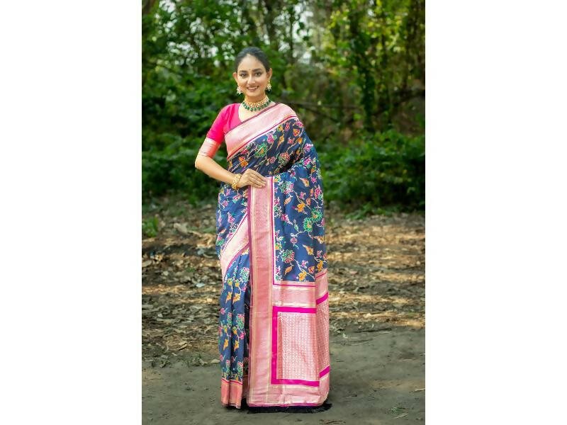 Aastha Fashion Women's Blue Banarasi Silk Meenakari Zari Woven Saree with Blouse - Grab2buy