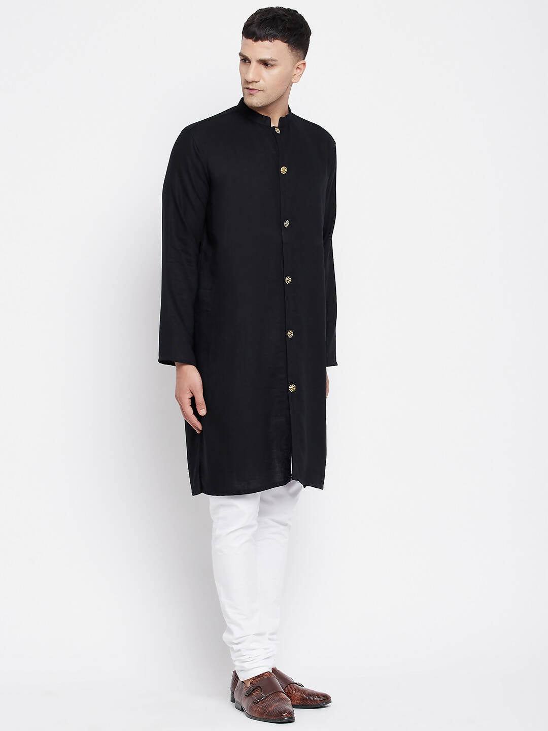 Even Apparels Black Pure Cotton Men's Sherwani Kurta With Open Front 