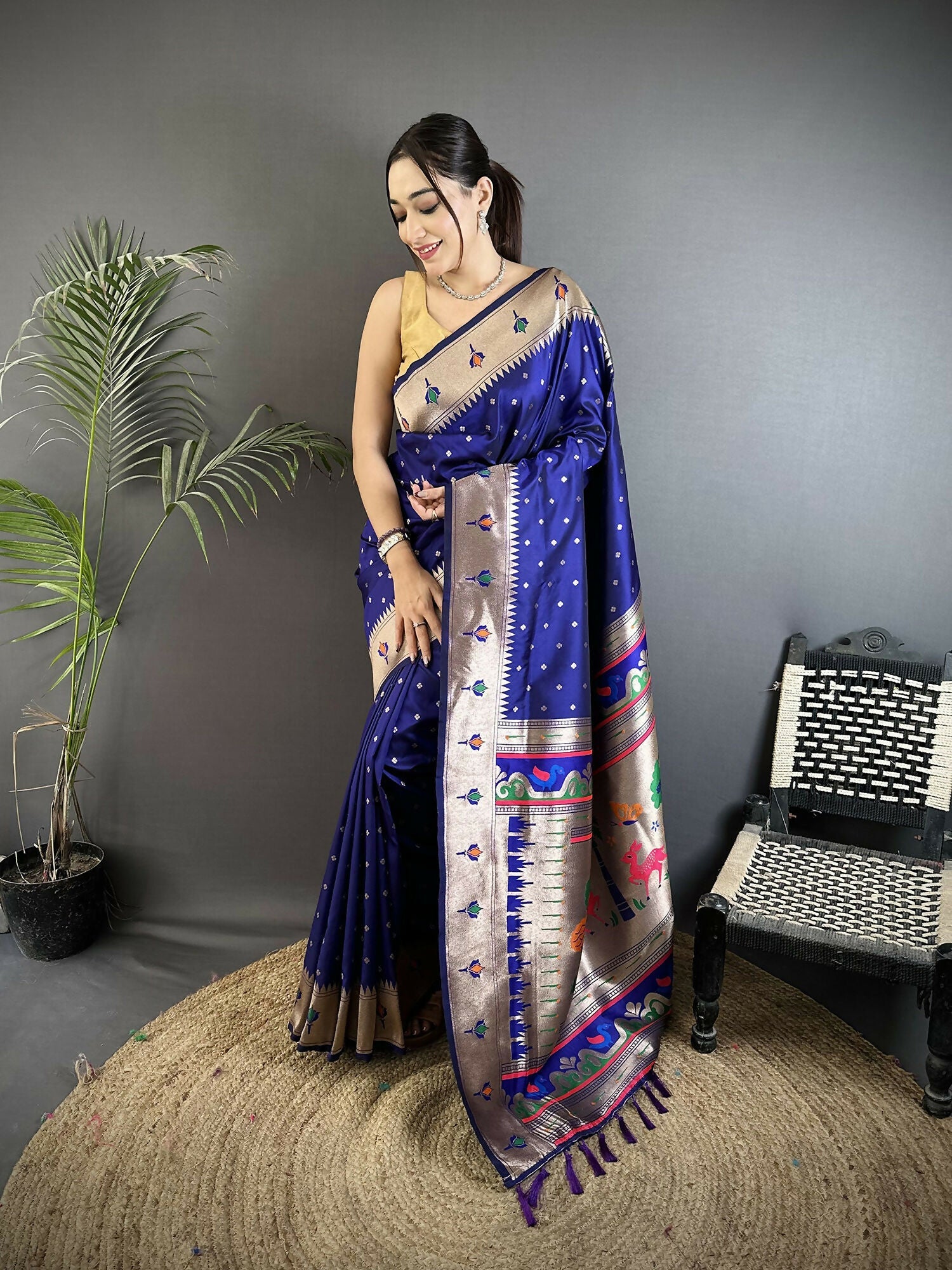 Joban Fashion Royal Blue Peacock & Floral Motifs Soft Lichi Silk Kanchipuram Saree
