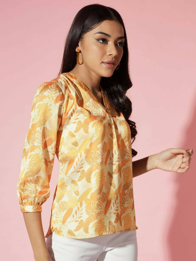 Myshka Women Mustard Floral V-Neck Regular Sleeves Polyester Top