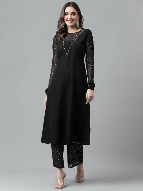 FIORRA Women's Black Poly Crepe A-Line Kurta Set 