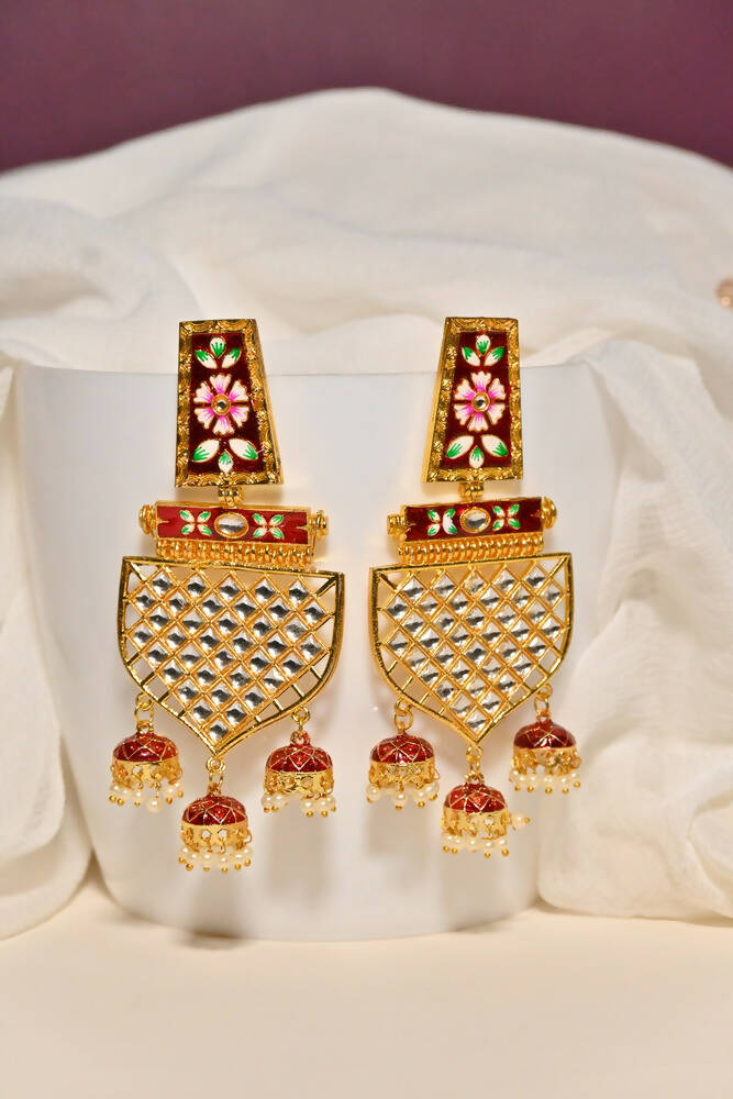 Traditional Gold-Plated Meenakari Maroon Jhumka Jhumki Earrings By House of Ree - Grab2buy